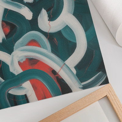 Wandposter Abstracte, dynamische penseelstreken in turquoise kleuren.