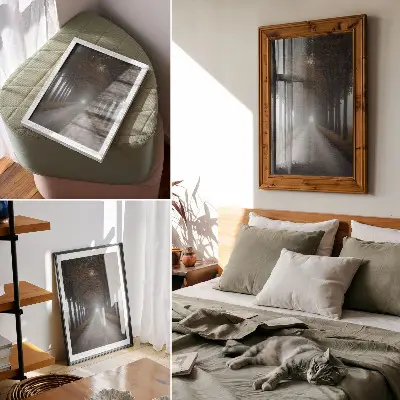 Poster herfstmist in een steegje met een symmetrische en harmonieuze compositie