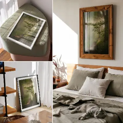 Decoratieve poster met groene bladeren een zonnestraal en een bospad