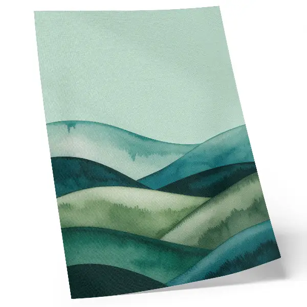 Poster met groene heuvels en turkooizen sfeer in aquarelstijl