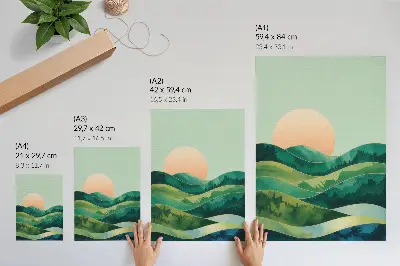 Decoratieve poster pastelkleurige heuvels met aquarel zon