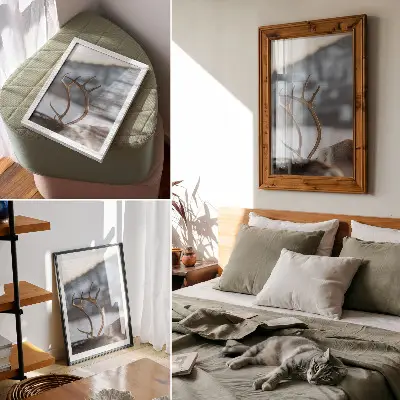 Wandposter rendieren met gewei in een harmonieus winterlandschap