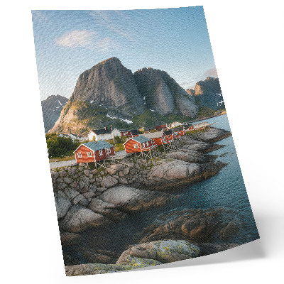 Poster Rode huizen, fjord, bergen, zonsondergang