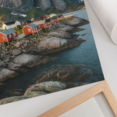 Poster Rode huizen, fjord, bergen, zonsondergang