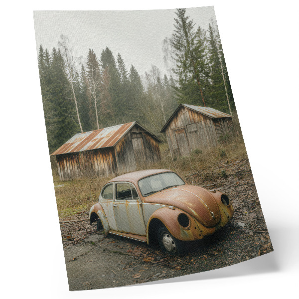 Decoratieve poster Roestige auto, houten schuur, groen bos