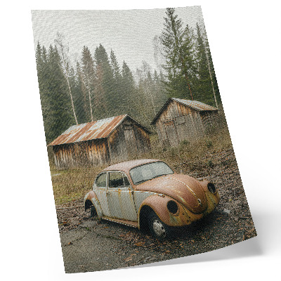 Decoratieve poster Roestige auto, houten schuur, groen bos