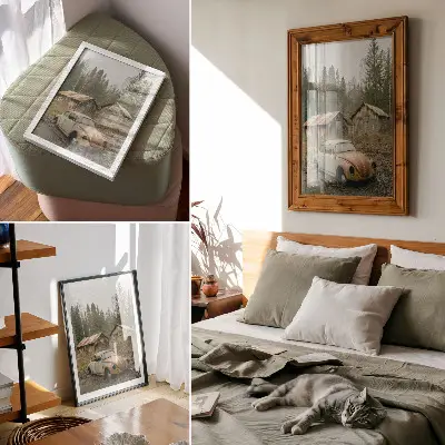 Decoratieve poster roestige auto bij een houten schuur in een groen bos