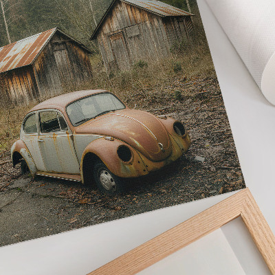 Decoratieve poster Roestige auto, houten schuur, groen bos