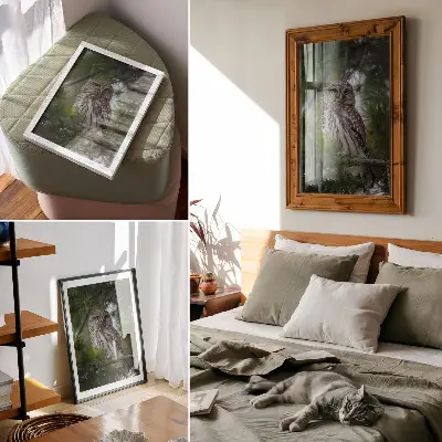 Poster uil op een dennentak met een natuurlijke en rustgevende uitstraling