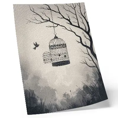 Poster met vogelkooi en boom zwart-wit design met een eenvoudige uitstraling