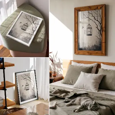 Poster met vogelkooi en boom zwart-wit design met een eenvoudige uitstraling