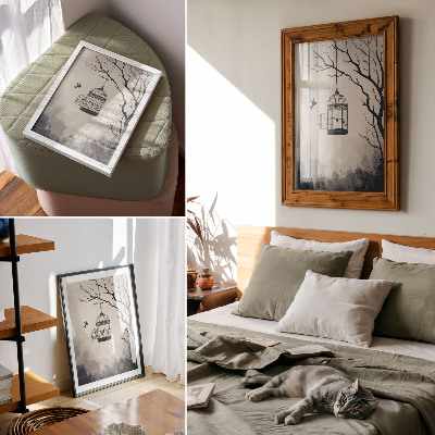 Poster Zwart-witte vogelkooi boom eenvoud
