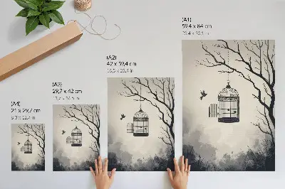 Poster met vogelkooi en boom zwart-wit design met een eenvoudige uitstraling