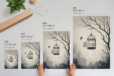 Poster Zwart-witte vogelkooi boom eenvoud