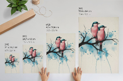 Poster Een vogelpaar op een tak met een abstracte achtergrond.
