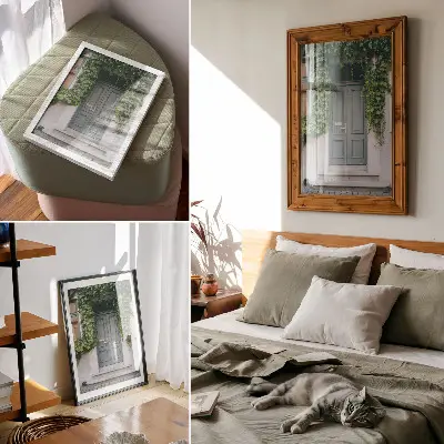 Decoratieve poster groene wijnranken bij grijze deuren in een harmonieuze compositie