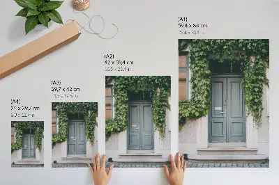 Decoratieve poster groene wijnranken bij grijze deuren in een harmonieuze compositie