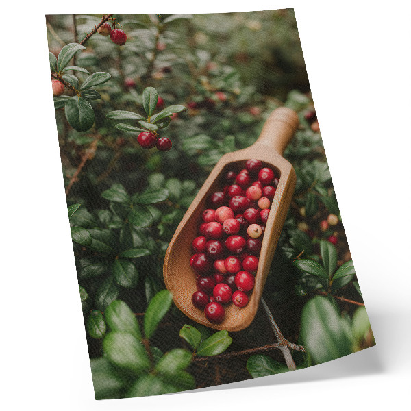 Wandposter Levendige kleuren van bladeren en fruit in een houten schep.