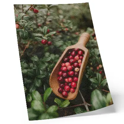 Wandposter met levendige kleuren van bladeren en fruit in een houten schep