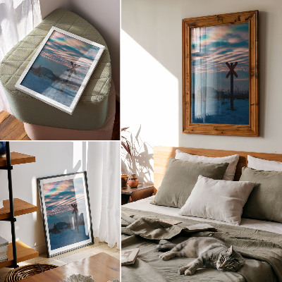 Poster Sfeervol winterlandschap, kleurrijke wolken, eenzaam bord
