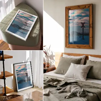 Poster sfeervol winterlandschap met kleurrijke wolken en een eenzaam bord