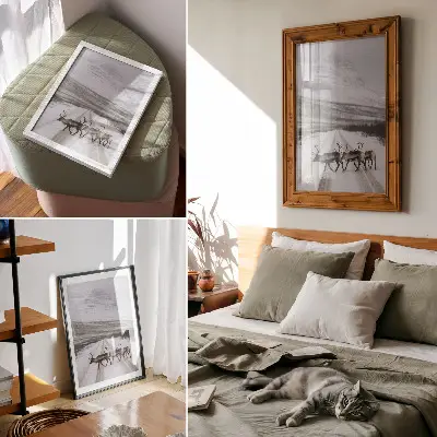 Decoratieve poster rendieren op een besneeuwde weg tussen de bergen met een winterse achtergrond