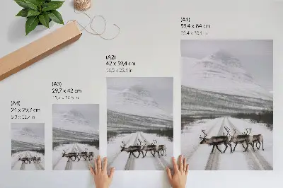 Decoratieve poster rendieren op een besneeuwde weg tussen de bergen met een winterse achtergrond