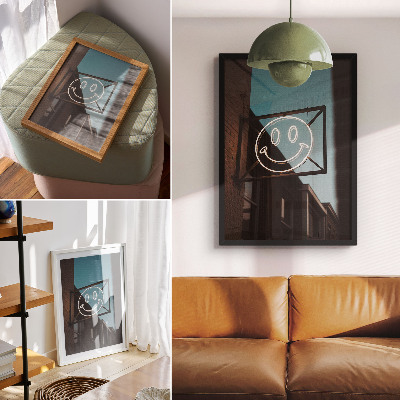 Wandposter Neon gezicht tegen een bakstenen muur