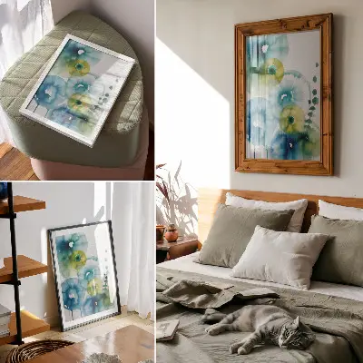 Wandposter abstract modern design met blauwe en groene stippen