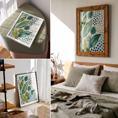 Poster met groene blaadjes en stippen in een natuurlijke boho stijl