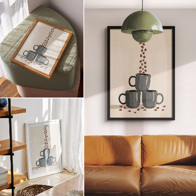 Wandposter Grijze mokken op een crèmekleurige achtergrond met koffiebonen.