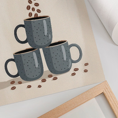 Wandposter Grijze mokken op een crèmekleurige achtergrond met koffiebonen.