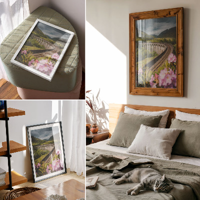 Decoratieve poster Stenen viaduct, groene heuvels, pastelkleurige bloemen