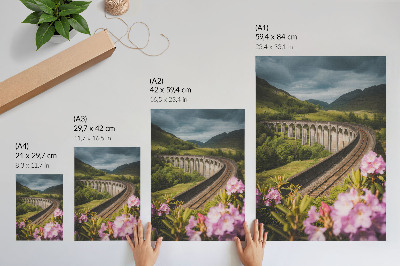 Decoratieve poster Stenen viaduct, groene heuvels, pastelkleurige bloemen