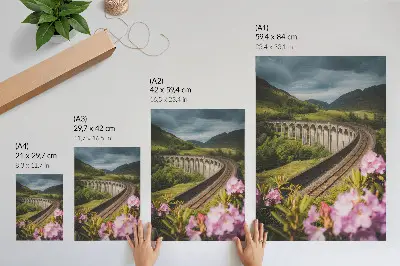 Decoratieve poster stenen viaduct met groene heuvels en pastelkleurige bloemen