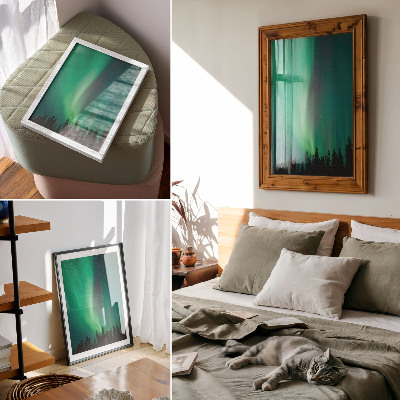 Wandposter Aurora, groene bomen, nacht, magische natuur