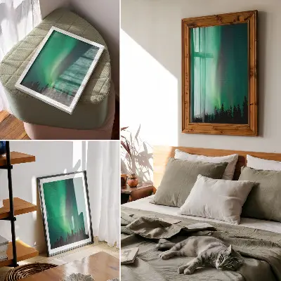 Wandposter met een magische natuurfoto van groene bomen in de nacht