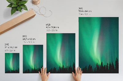 Wandposter Aurora, groene bomen, nacht, magische natuur