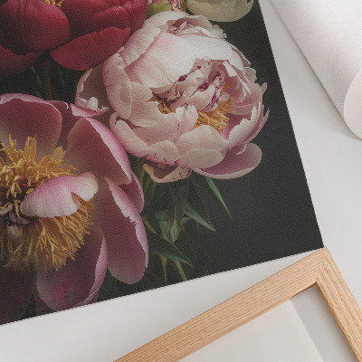 Decoratieve poster Veelkleurige pioenrozen op een donkere achtergrond