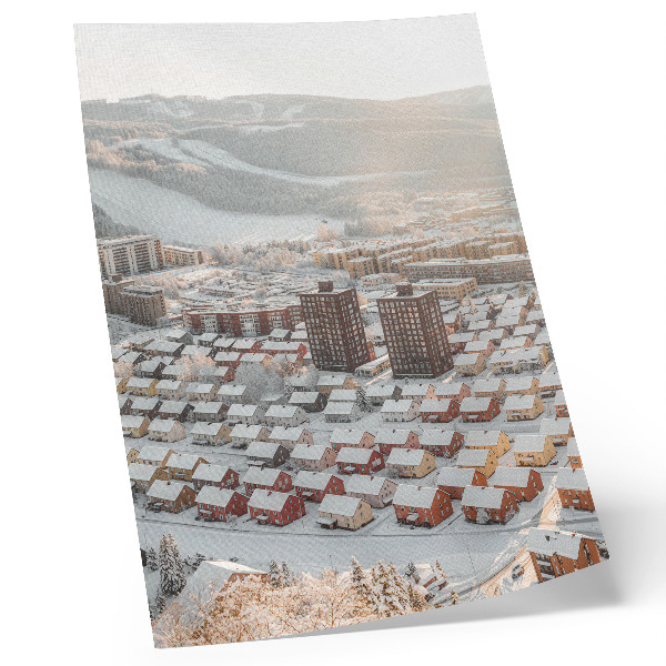 Wandposter Winterlandschap met met sneeuw bedekte huizen
