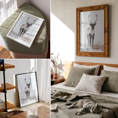 Decoratieve poster rendieren in een winterlandschap met warme tinten in een moderne stijl
