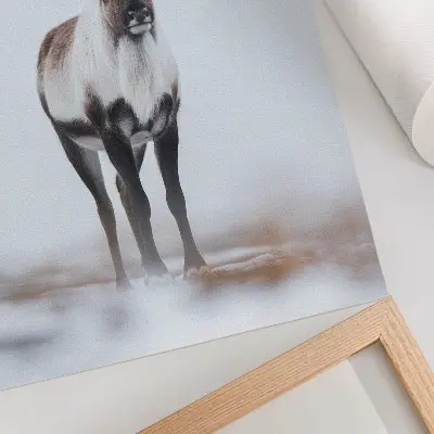 Decoratieve poster rendieren in een winterlandschap met warme tinten in een moderne stijl