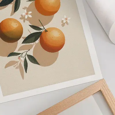 Poster met sappige sinaasappels, groene bladeren en witte bloemen