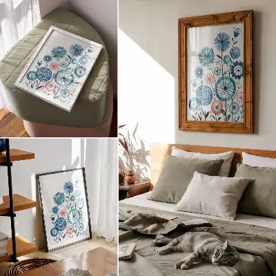 Wandposter met moderne blauwe bloemen op een witte achtergrond