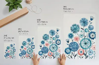 Wandposter met moderne blauwe bloemen op een witte achtergrond