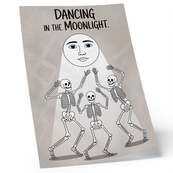 Wandposter Zwart-witte skeletten op een beige maanachtergrond.