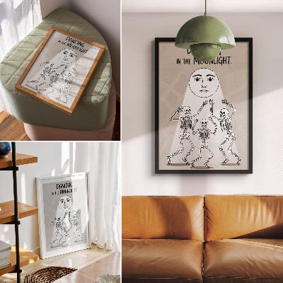 Wandposter Zwart-witte skeletten op een beige maanachtergrond.
