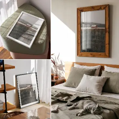 Poster schuur tegen de helling in een winters boslandschap met mist
