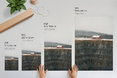 Poster Schuur tegen de helling, winterlandschap, bos, mist