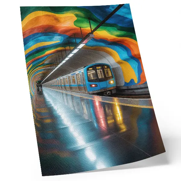 Decoratieve poster met levendige regenboogkleuren van het plafond boven de metro